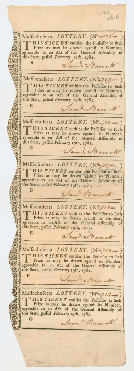 ورقة من تذاكر اليانصيب ، ماساتشوستس اليانصيب ، 1781 بواسطة المدرسة الأمريكية