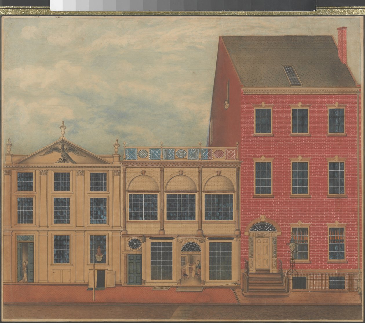 متجر ومستودع Duncan Phyfe في شارع Fulton في مدينة نيويورك ، حوالي 1817-1820 (ألوان مائية وحبر وغواش على ورق أبيض) بواسطة المدرسة الأمريكية