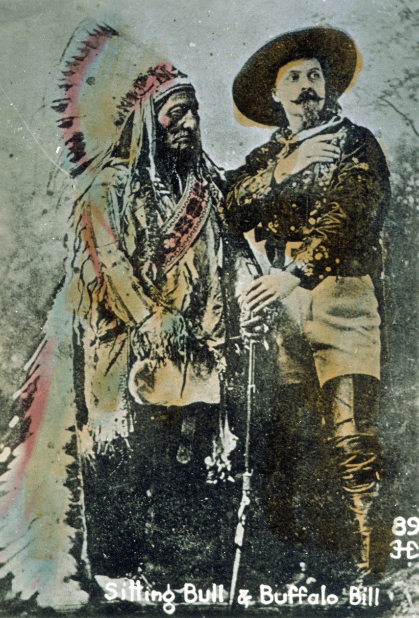 يجلس الثور وبافالو بيل ، عام 1885 (صورة ملونة) بواسطة المدرسة الأمريكية