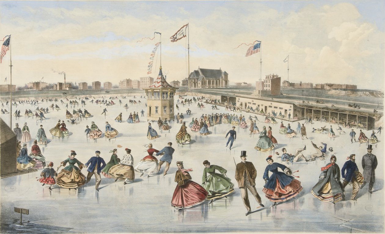 التزحلق على Union Pond، pub. 1863 (لون ليثو) بواسطة المدرسة الأمريكية