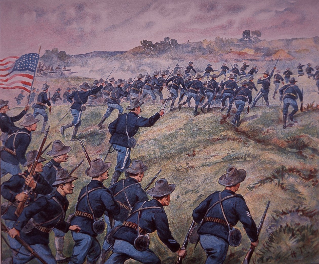 Spanish-American War 1898, US troops storm San Juan Heights in Cuba (colour litho) بواسطة المدرسة الأمريكية