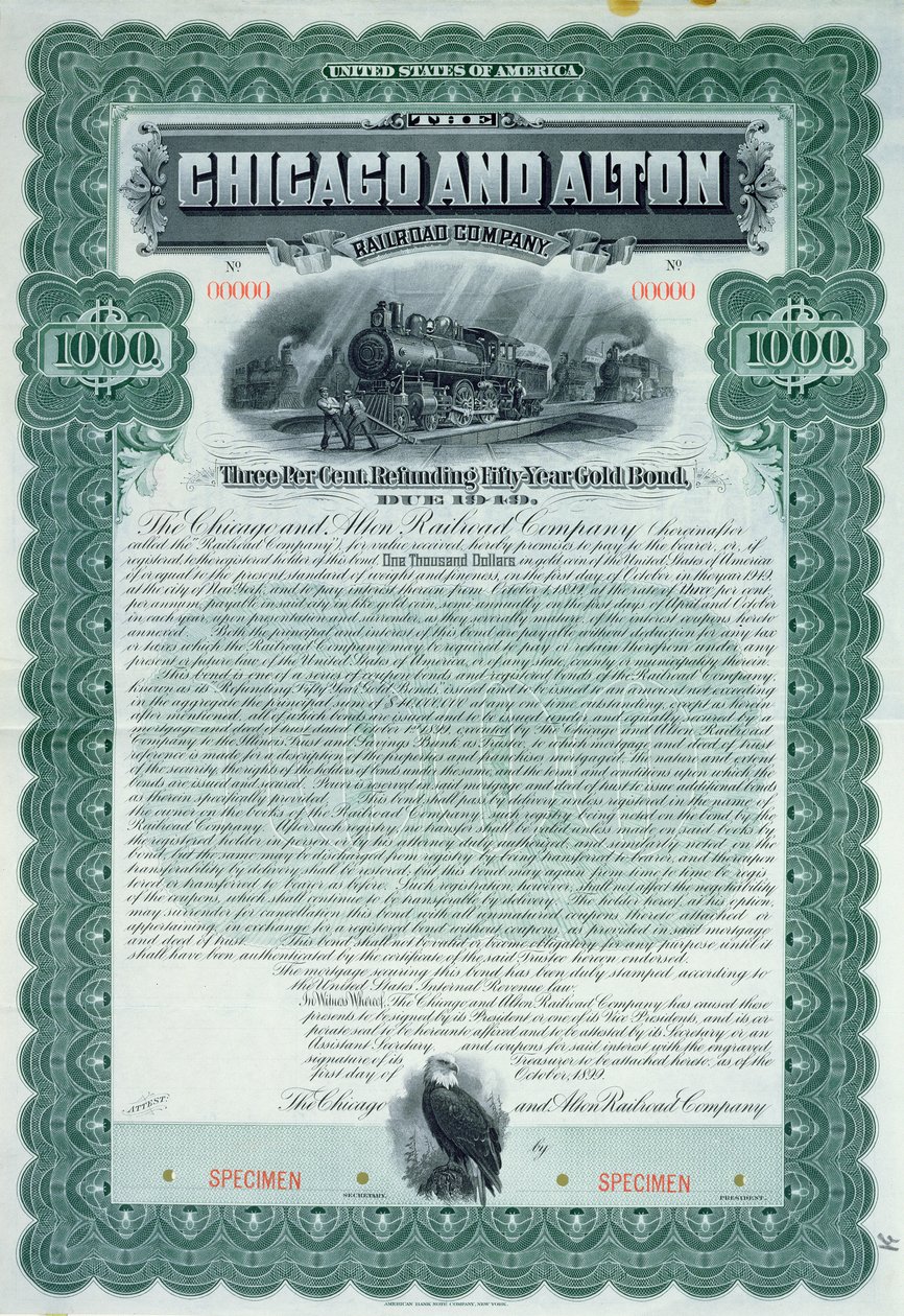 شهادة سندات عينة بقيمة 1000 دولار لشركة شيكاغو وألتون للسكك الحديدية ، 1899 بواسطة المدرسة الأمريكية