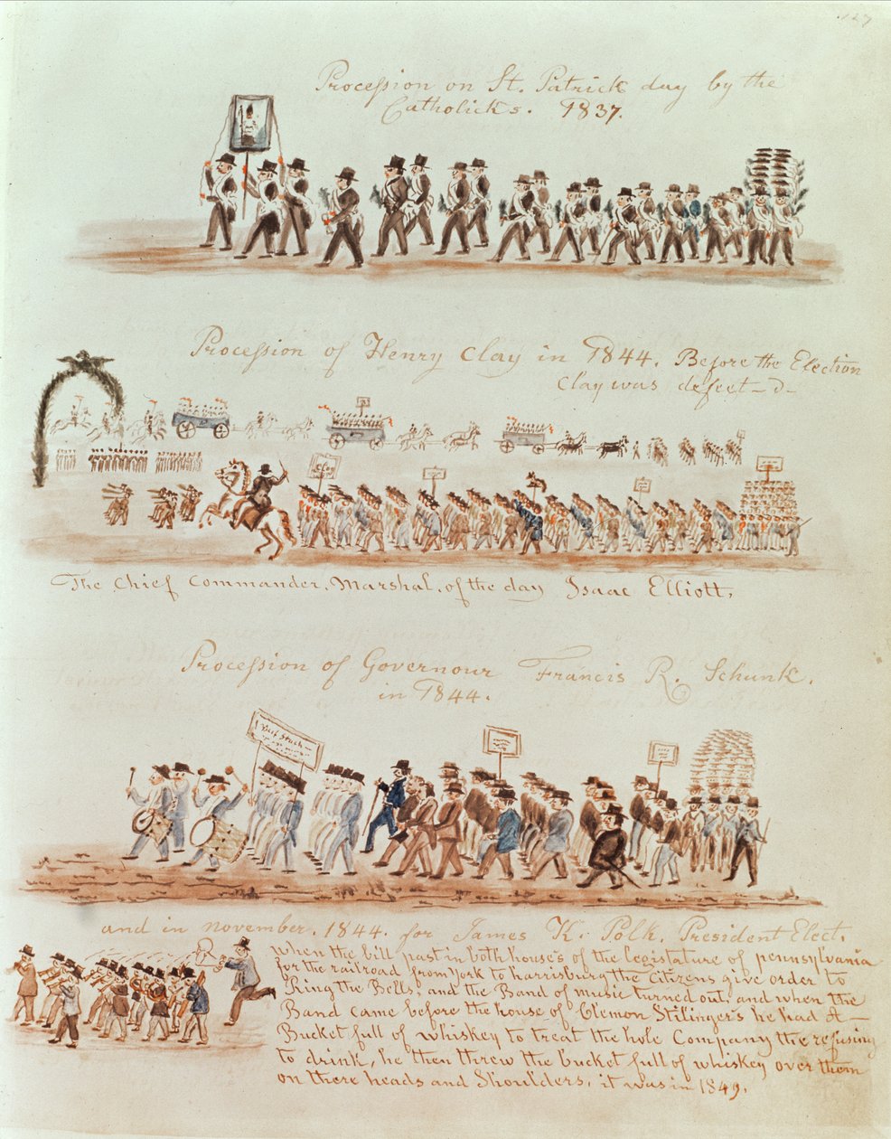 موكب عيد القديس باتريك في عام 1837 والمواكب لهنري كلاي والحاكم فرانسيس شانك وجيمس بولك في عام 1844 (حبر ومرحاض على الورق) بواسطة المدرسة الأمريكية