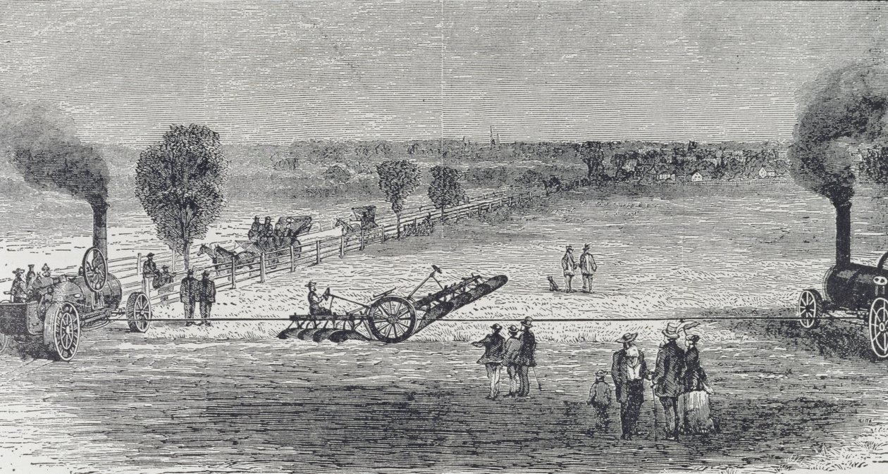 المحراث البخاري في مزرعة باترسون ، صورة توضيحية من "هاربر ويكلي" ، 1869 ، من "مسابقة أمريكا ، المجلد 3" ، بقلم رالف هنري غابرييل ، 1926 بواسطة المدرسة الأمريكية