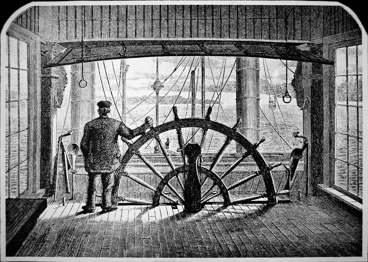 طيار Steamboat في غرفة القيادة ، حوالي 1870 (نقش) بواسطة المدرسة الأمريكية