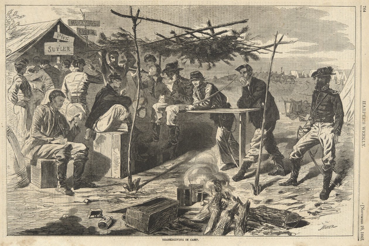 عيد الشكر في المعسكر من هاربرز ويكلي ، حانة. 1862 (نقش) بواسطة المدرسة الأمريكية