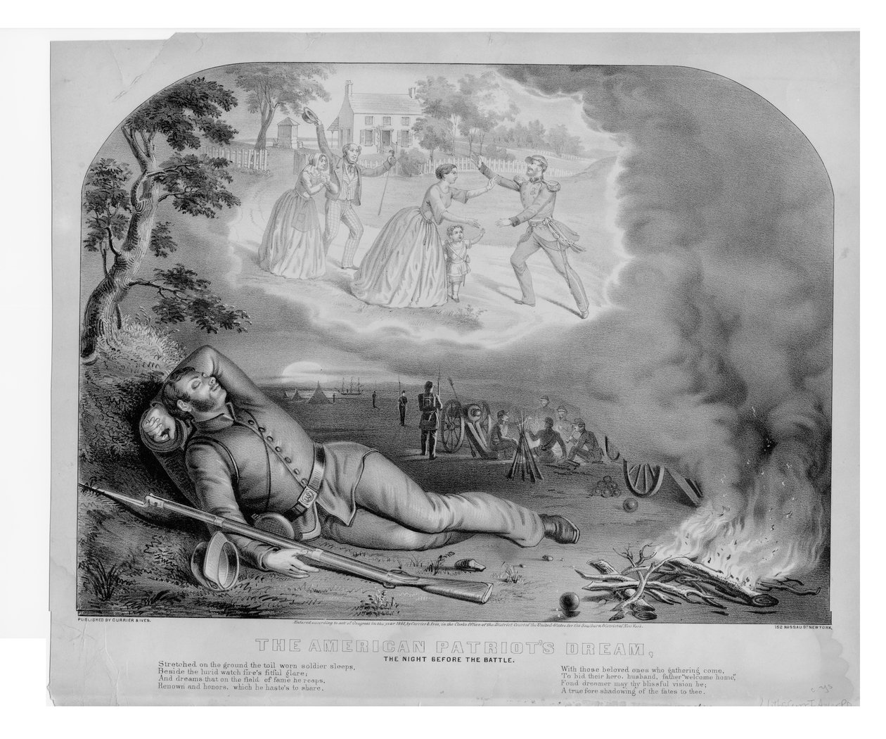 يحلم الوطنيون الأمريكيون ، في الليلة السابقة للمعركة ، حانة. بواسطة Currier & Ives ، 1861 بواسطة المدرسة الأمريكية