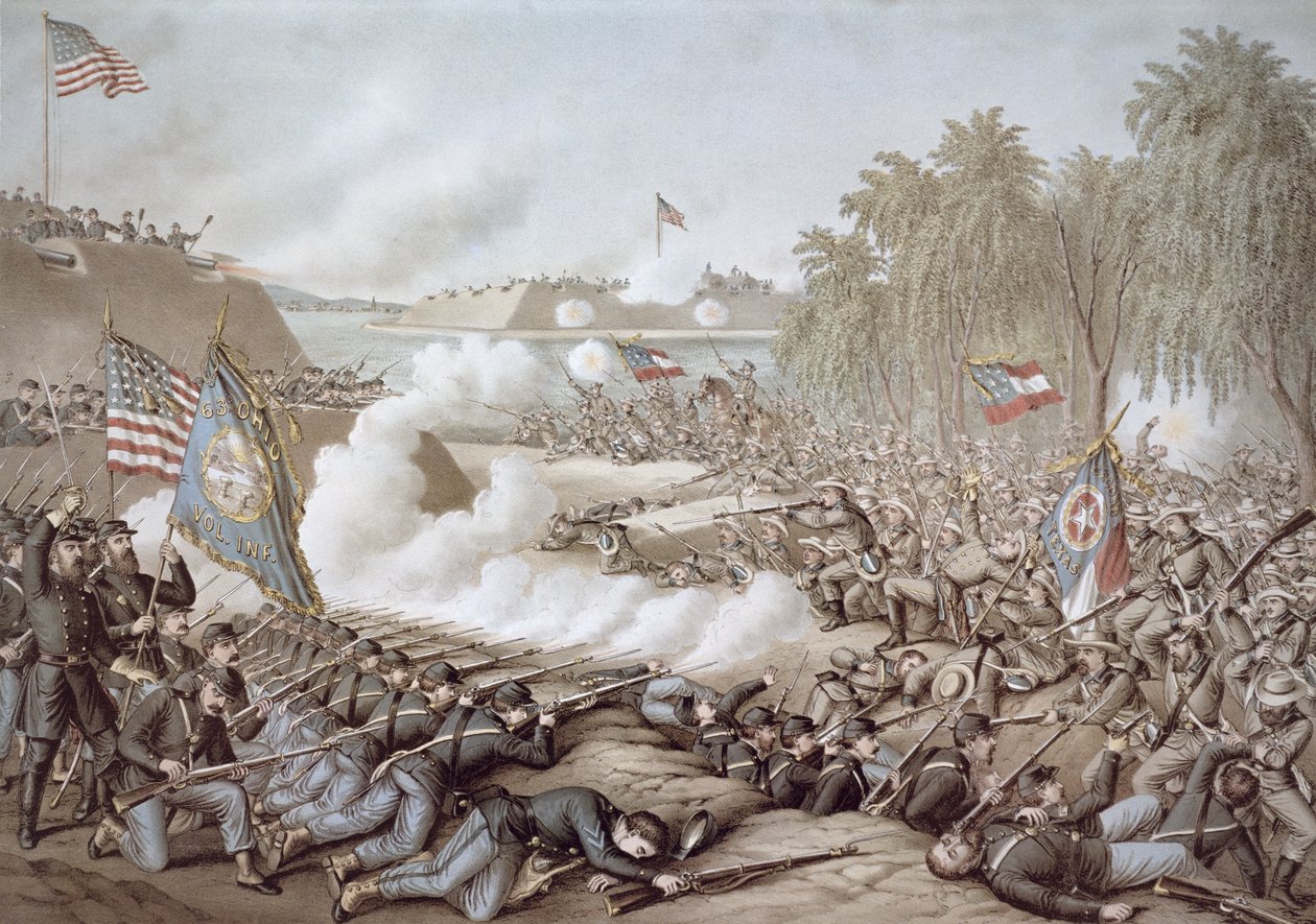 معركة كورنث ، من 3 إلى 4 أكتوبر 1862 ، تظهر أعلام الشمال والجنوب ، بواسطة كورتز وأليسون (لون ليثو) بواسطة المدرسة الأمريكية