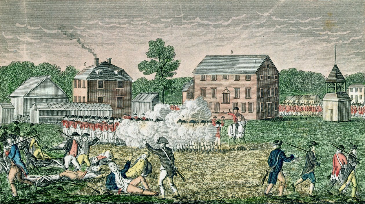 معركة ليكسينغتون ، 19 أبريل 1775 ، من "مجموعات تاريخية كونيتيكت" ، بقلم جون وارنر باربر ، نقشها أ. دوليتل ، 1832 بواسطة المدرسة الأمريكية