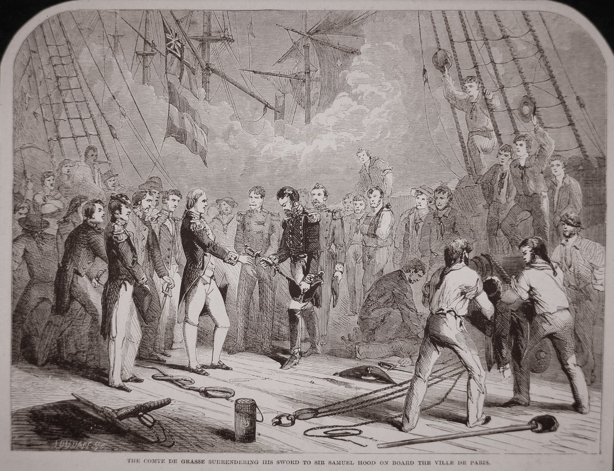 The Comte de Grasse surrenders his sword to Samuel Hood on the 