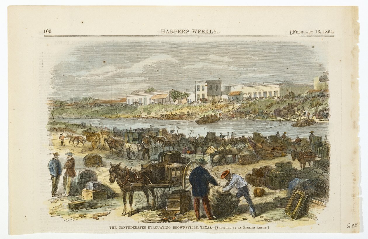The Confederates Evacuating Brownsville, Texas, c. 1864 (hand-coloured lithograph on wove wood pulp paper) بواسطة المدرسة الأمريكية