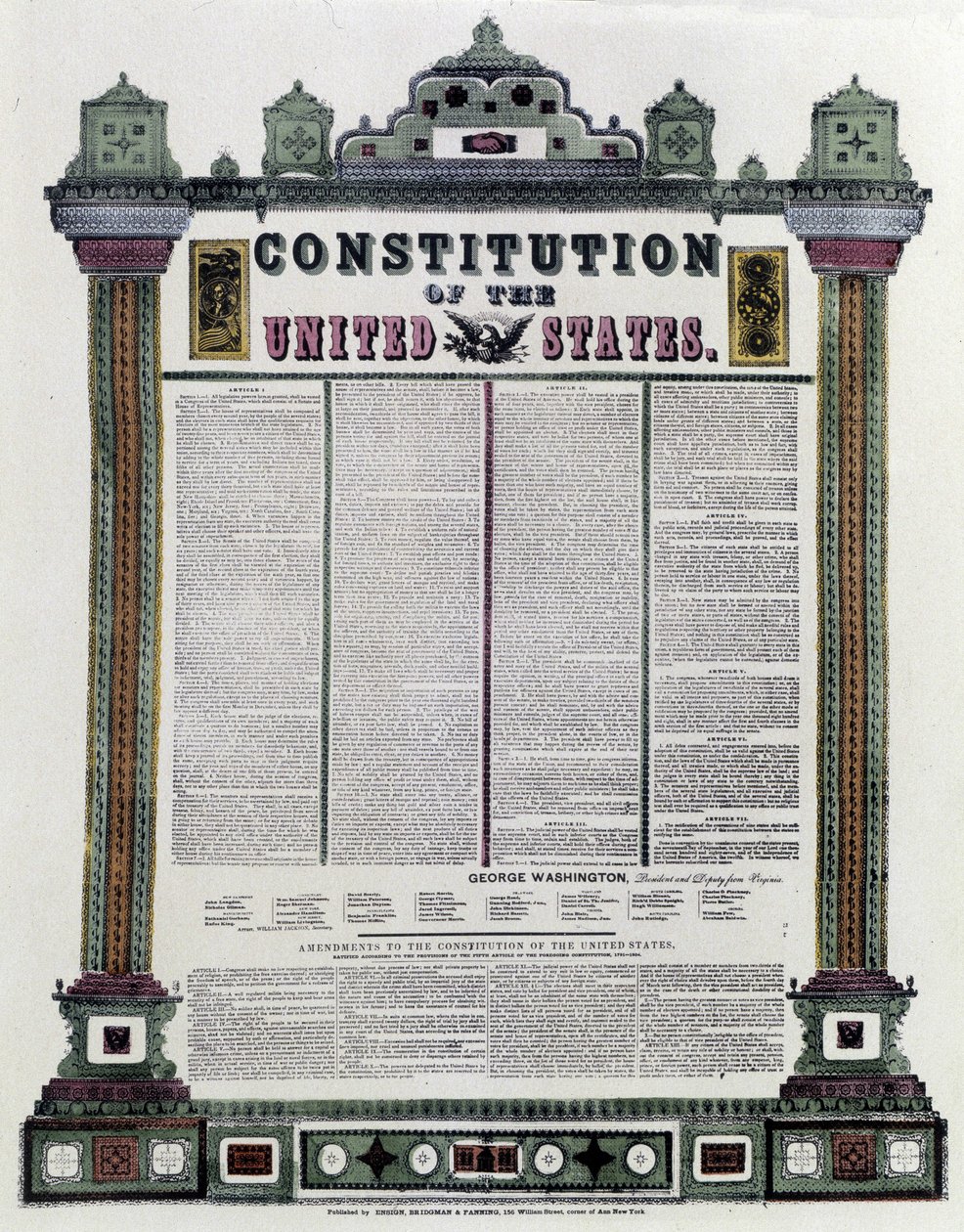 دستور الولايات المتحدة الأمريكية (الدستور الأمريكي) الموقع عام 1787 ، وتم تطبيقه عام 1789 بواسطة المدرسة الأمريكية