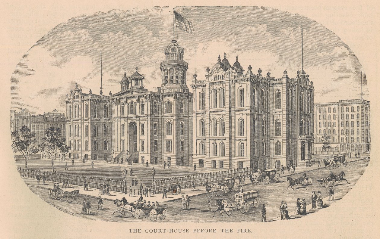 The Court-House before the Fire ، طبع بواسطة شركة Moss Engraving Co. ، نيويورك ، توضيح من مجلد History of Chicago. 2 بقلم ألفريد ثيودور أندرياس ، نُشر عام 1885 بواسطة المدرسة الأمريكية