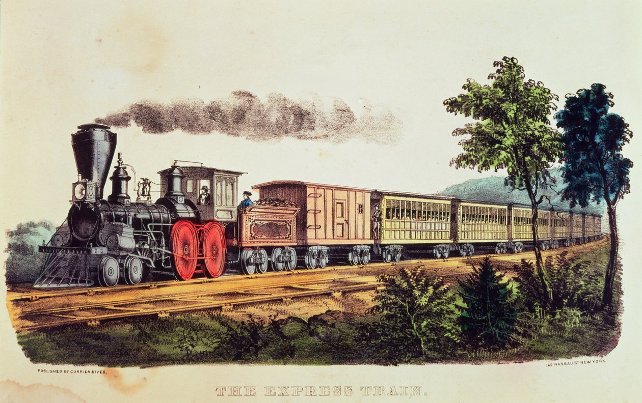 القطار السريع ، محفور من قبل ناثانيل كورير (1813-1888) وجيمس ميريت إيفز (1824-95) (لون ليثو) بواسطة المدرسة الأمريكية