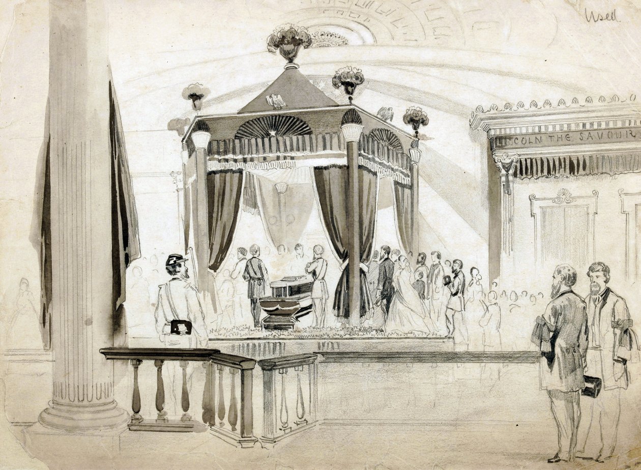 كاتالاك الجنائزية في سبرينغفيلد ، إلينوي ، رسم توضيحي لصحيفة فرانك ليزليز المصورة ، 1865 (قلم رصاص ، حبر وغسل على ورق) بواسطة المدرسة الأمريكية