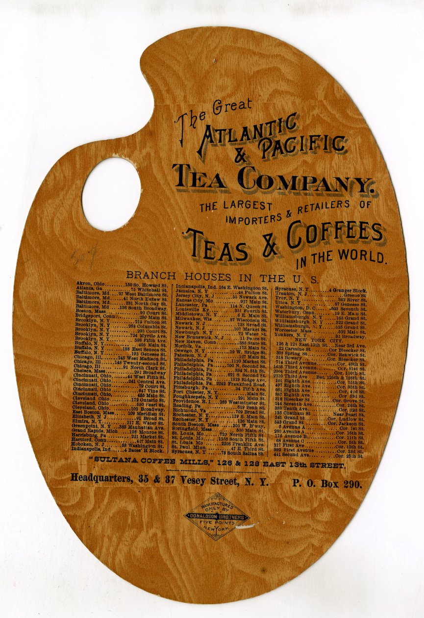 شركة Great Atlantic & Pacific Tea Company ، أكبر مستوردي وتجار الشاي والشاي والقهوة في العالم ، (لوحة خشبية مطبوعة مقطوعة) بواسطة المدرسة الأمريكية