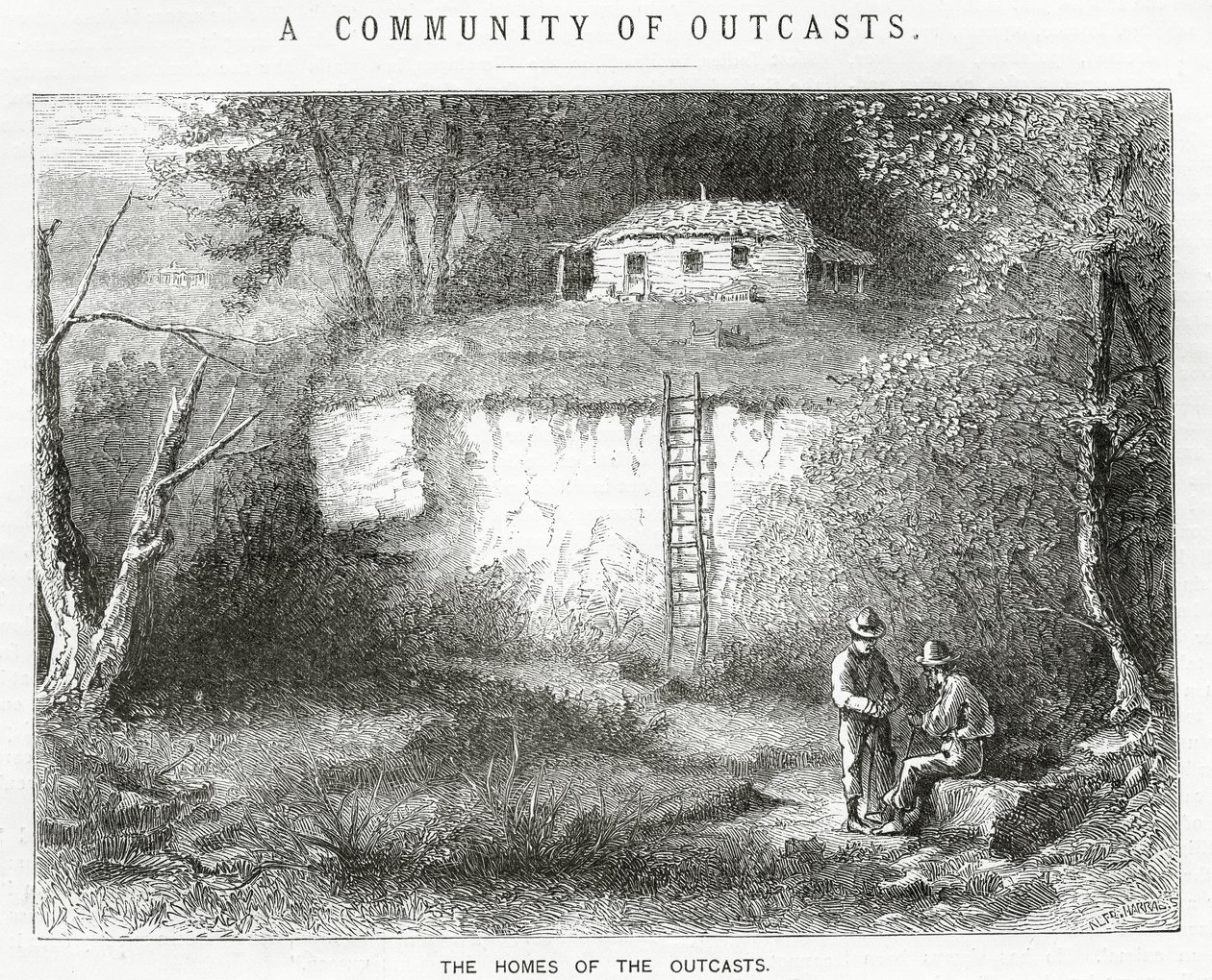 منازل المنبوذين ، توضيح لقصة مميزة ، مجتمع المنبوذين ، من Appletons Journal ، 23 مارس 1872 بواسطة المدرسة الأمريكية