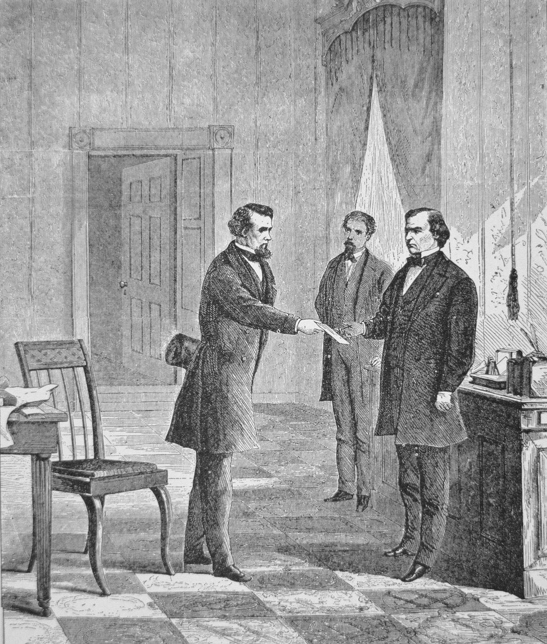 The Impeachment of President Andrew Johnson (1808-75) 1868 (engraving) بواسطة المدرسة الأمريكية