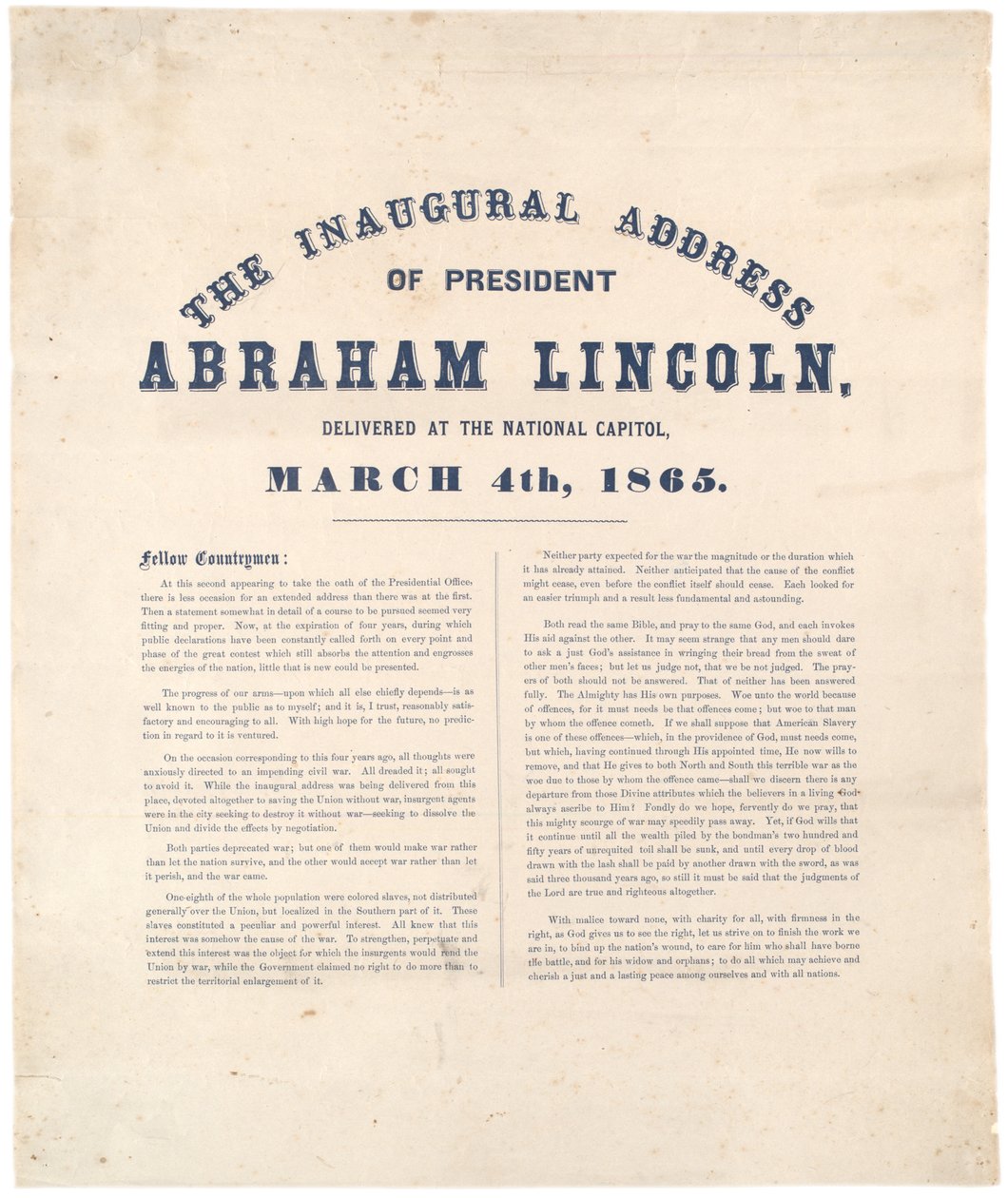 تم تسليم الخطاب الافتتاحي للرئيس أبراهام لنكولن في مبنى الكابيتول الوطني ، 4 مارس 1865 بواسطة المدرسة الأمريكية