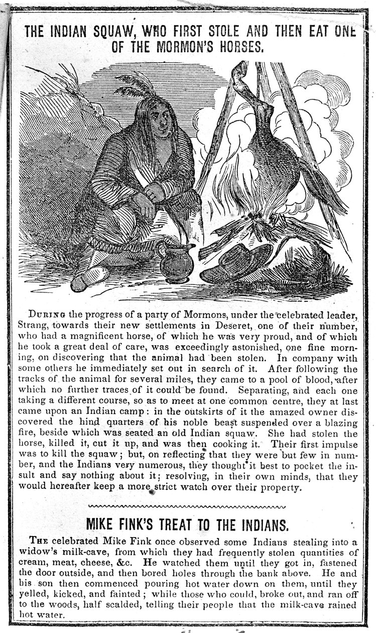 The Squaw الهندي ، الذي سرق أولاً ثم أكل أحد خيول المورمون ، من Crocketts Almanac ، 1852 بواسطة المدرسة الأمريكية