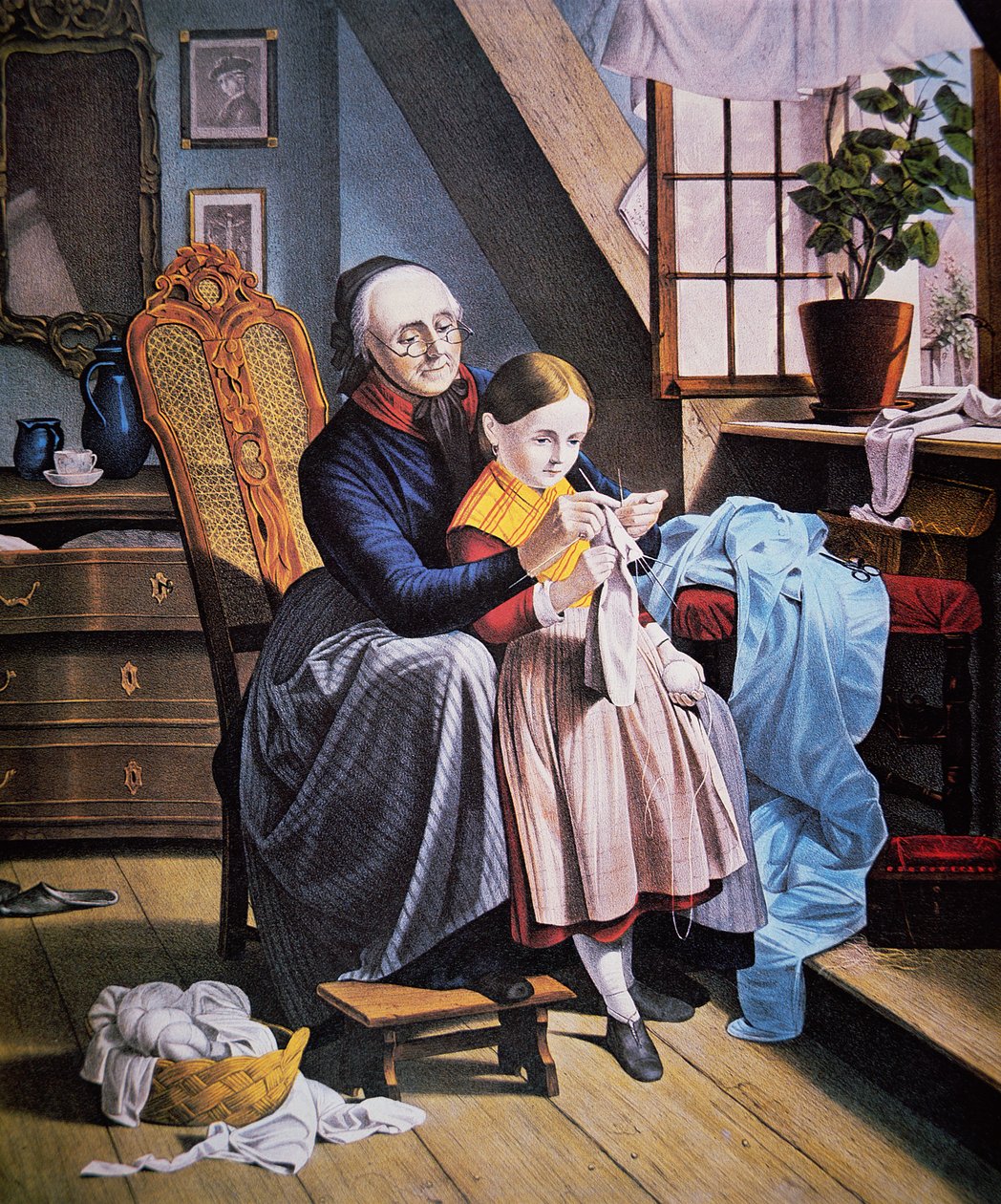 The Knitting Lesson, published by Currier & Ives بواسطة المدرسة الأمريكية