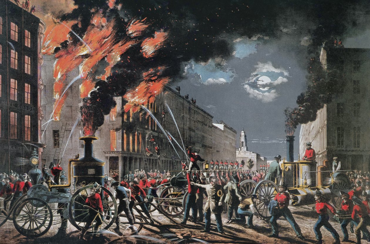 The Life of a Fireman (New York Volunteer Fire Department) ، نشرته Currier & Ives بواسطة المدرسة الأمريكية