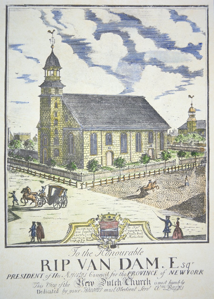The New Dutch Reformed Church, built on the corner of Nassau and Liberty streets, New York City, in 1731 (coloured engraving) بواسطة المدرسة الأمريكية
