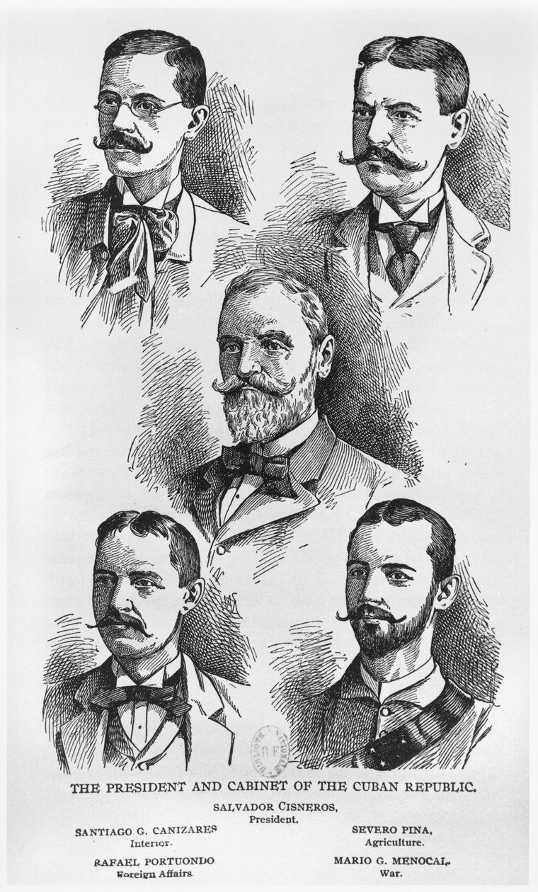 الرئيس سلفادور سيسنيروس بيتانكور (1828-1914) ومجلس وزراء الجمهورية الكوبية ، ج. 1895 ، رسم توضيحي من قصة كوبا بقلم مراد هالستيد ، شركة Werner ، نشر عام 1898 (engrav بواسطة المدرسة الأمريكية
