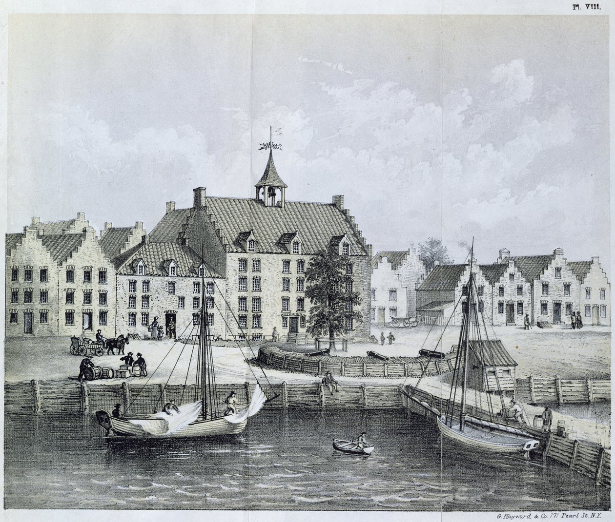 The Stadthuys of New York in 1679، Corner of Pearl Street and Coentijs Slip، from Journal of a Voyage to New York in 1679-80 by Jasper Danckaerts (b.1639) and Peter Sluyter (1645-1722) ، منشور عام 1867 بواسطة المدرسة الأمريكية