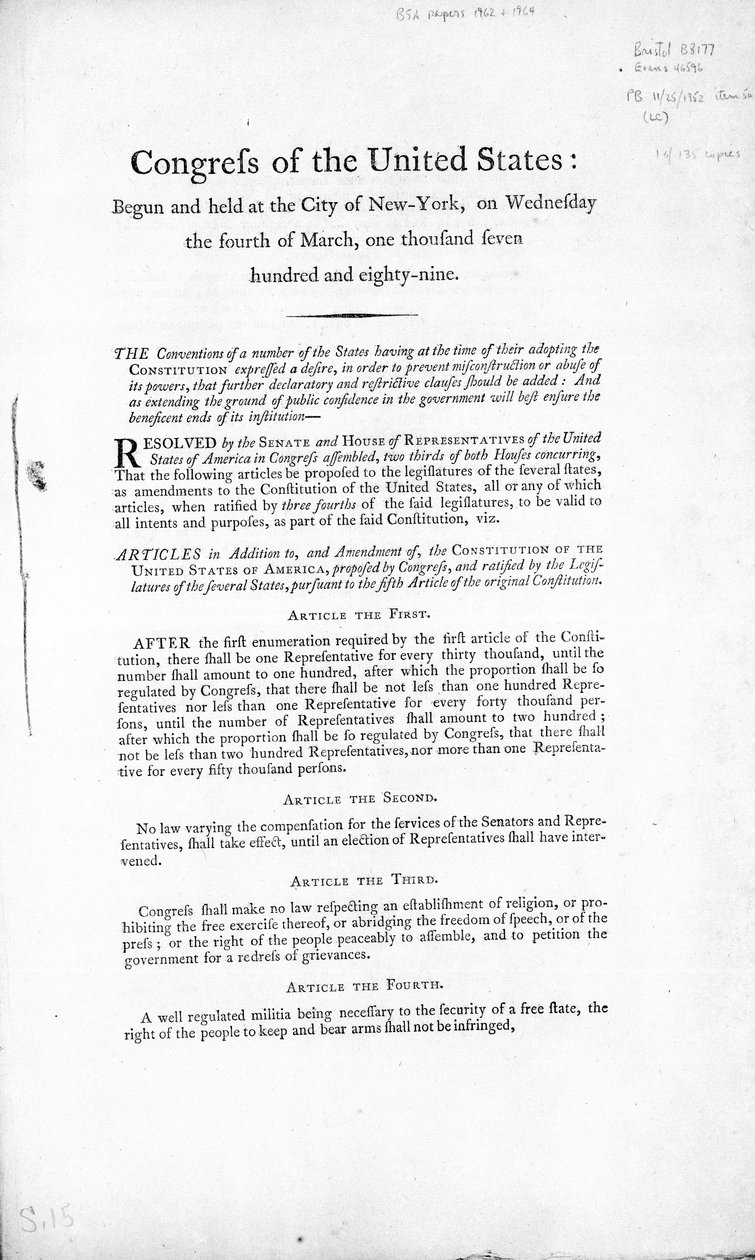 شرعة حقوق الولايات المتحدة ، اكتملت عام 1789 (طباعة) بواسطة المدرسة الأمريكية