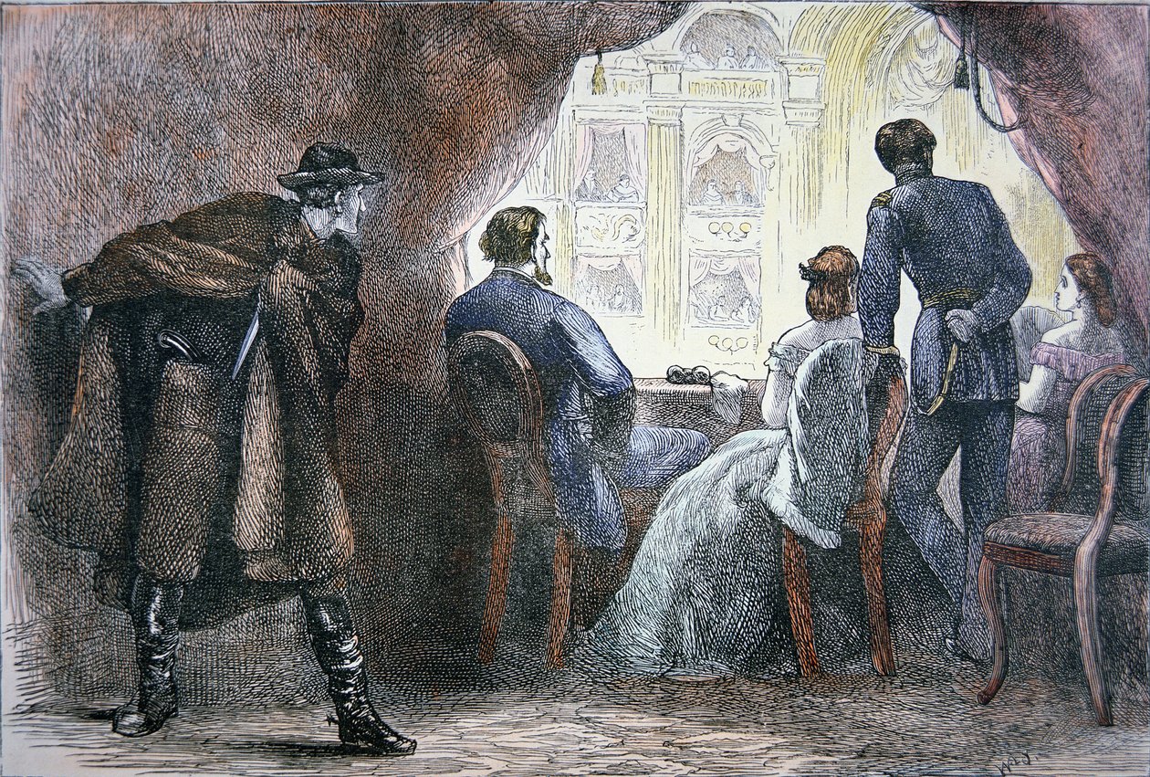 اغتيال أبراهام لينكولن (1809-1865) في الصندوق بمسرح فورد ، 14 أبريل 1865 (لون ليثو) بواسطة المدرسة الأمريكية