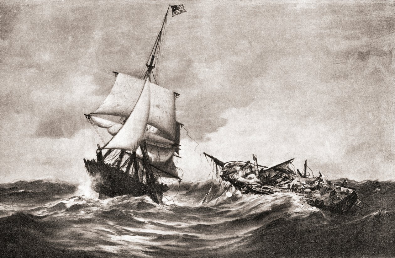 الاستيلاء على سفينة HMS Frolic من قبل السفينة الشراعية الحربية USS Wasp، وهي عملية بحرية دارت رحاها في المحيط الأطلسي في 18 أكتوبر 1812، أثناء حرب 1812، من quot;تاريخ بلدناquot;، المنشور عام 1905 (litho). بواسطة المدرسة الأمريكية