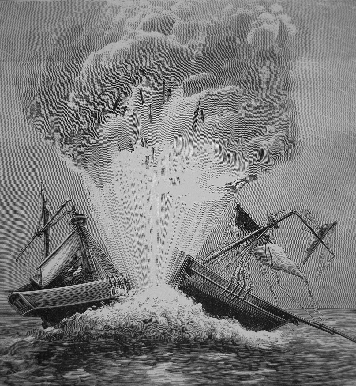 The first torpedo, invented by Robert Fulton (1765-1815) blows up the Danish brig 