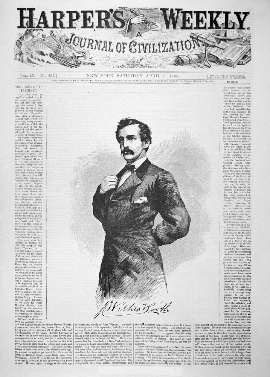 الغلاف الأمامي لمجلة "Harper's Weekly" بعد اغتيال أبراهام لنكولن (1809-1865) يظهر رسمًا توضيحيًا لجون ويلكس بوث (1838-65) ، 29 أبريل 1865 (ليتو) بواسطة المدرسة الأمريكية