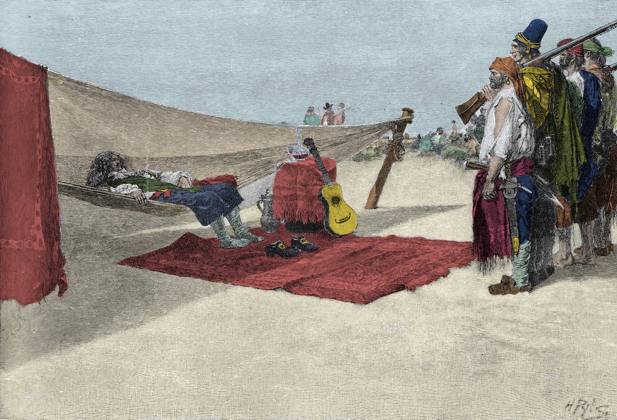 القرصان السير هنري مورغان يجند رجالًا لهجوم بنما حوالي عام 1670. "" كتاب القراصنة القراصنة و Marooners من الإسبانية الرئيسية "" بقلم هوارد بايل بواسطة المدرسة الأمريكية
