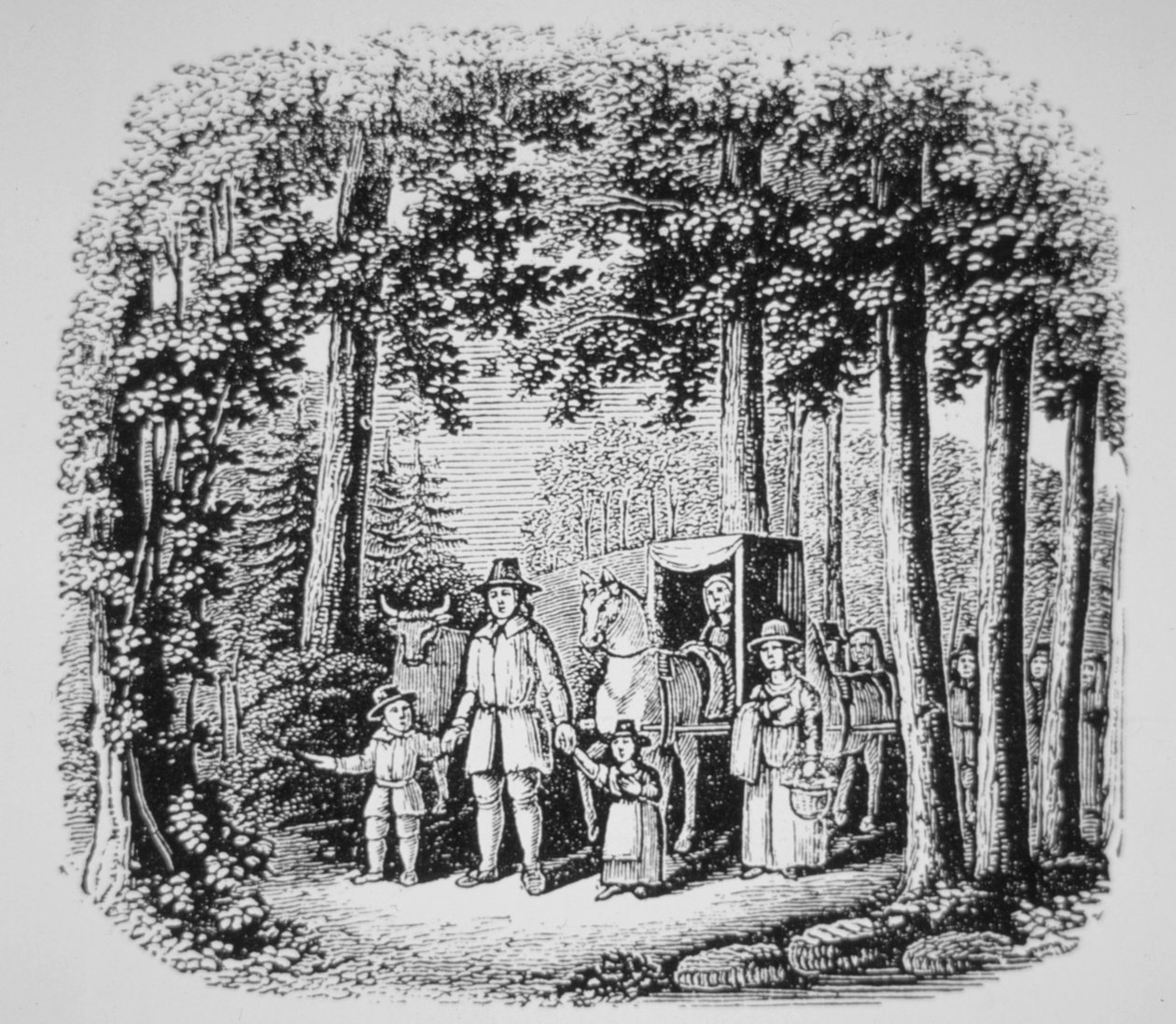 Thomas Hooker leading his parishioners into the Connecticut wilderness (litho) بواسطة المدرسة الأمريكية