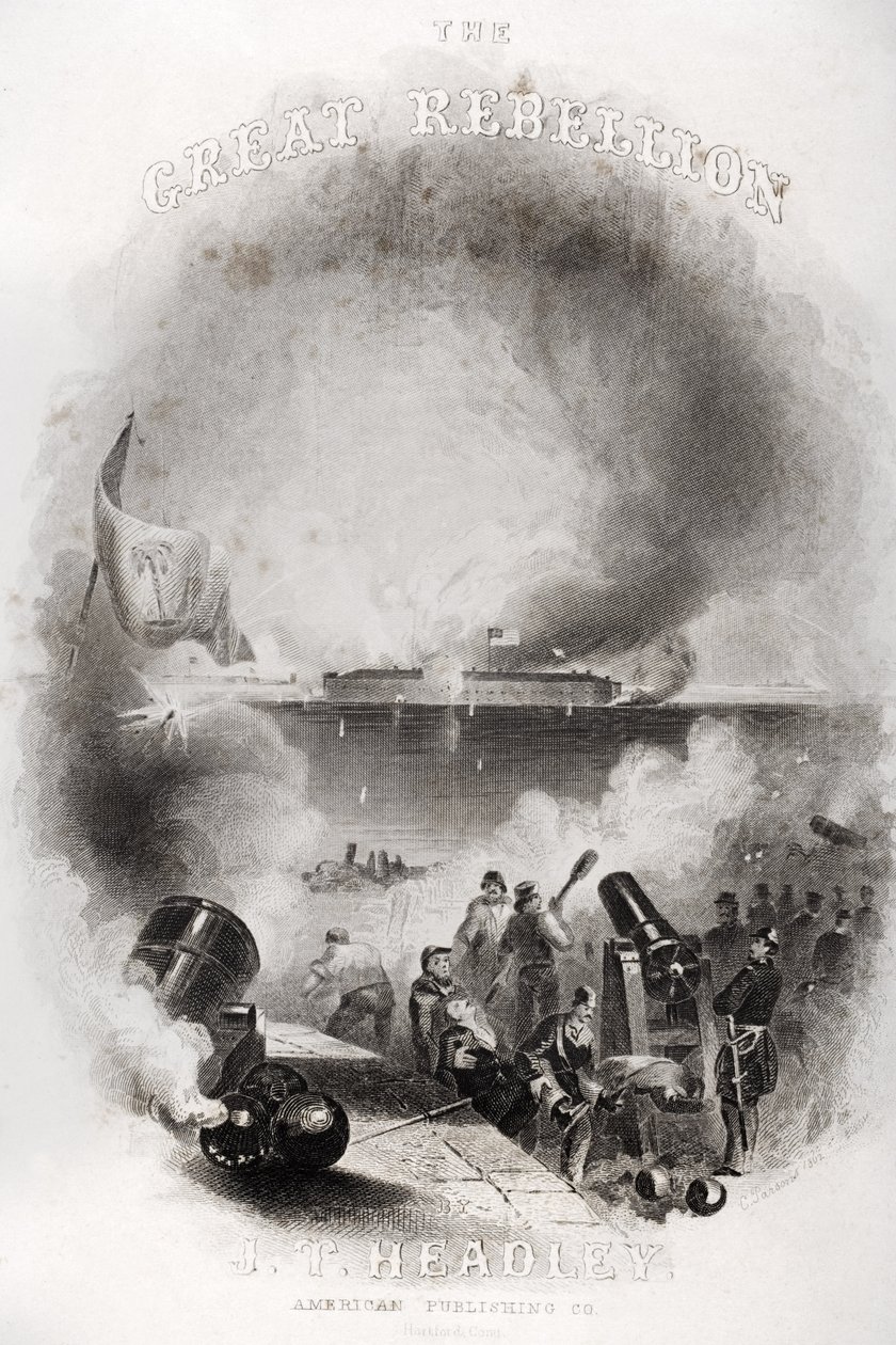 رسم توضيحي لصفحة العنوان للهجوم على فورت سمتر عام 1861 ، من "التمرد العظيم" بقلم جي تي هيدلي ، نُشر عام 1866 بواسطة المدرسة الأمريكية