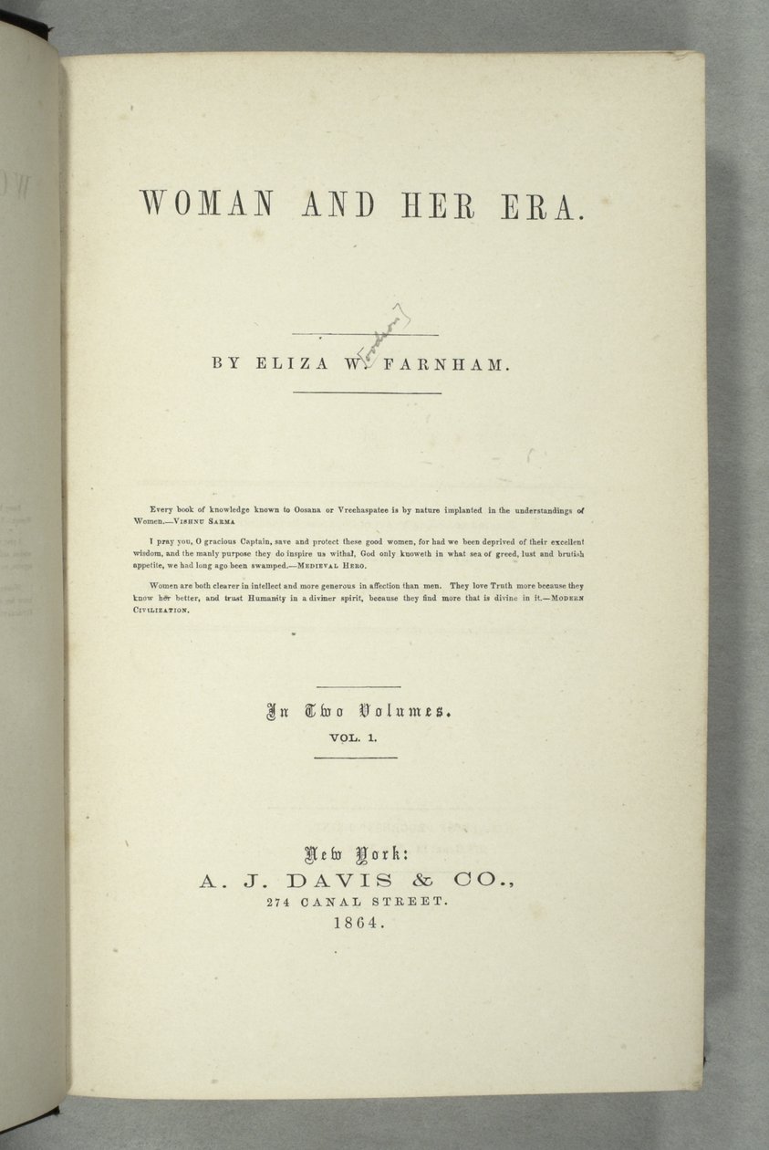 عنوان صفحة النساء وعصرها بقلم إليزا وود فارنهام (1815-64) المنشورة في نيويورك ، 1864 (طباعة) بواسطة المدرسة الأمريكية