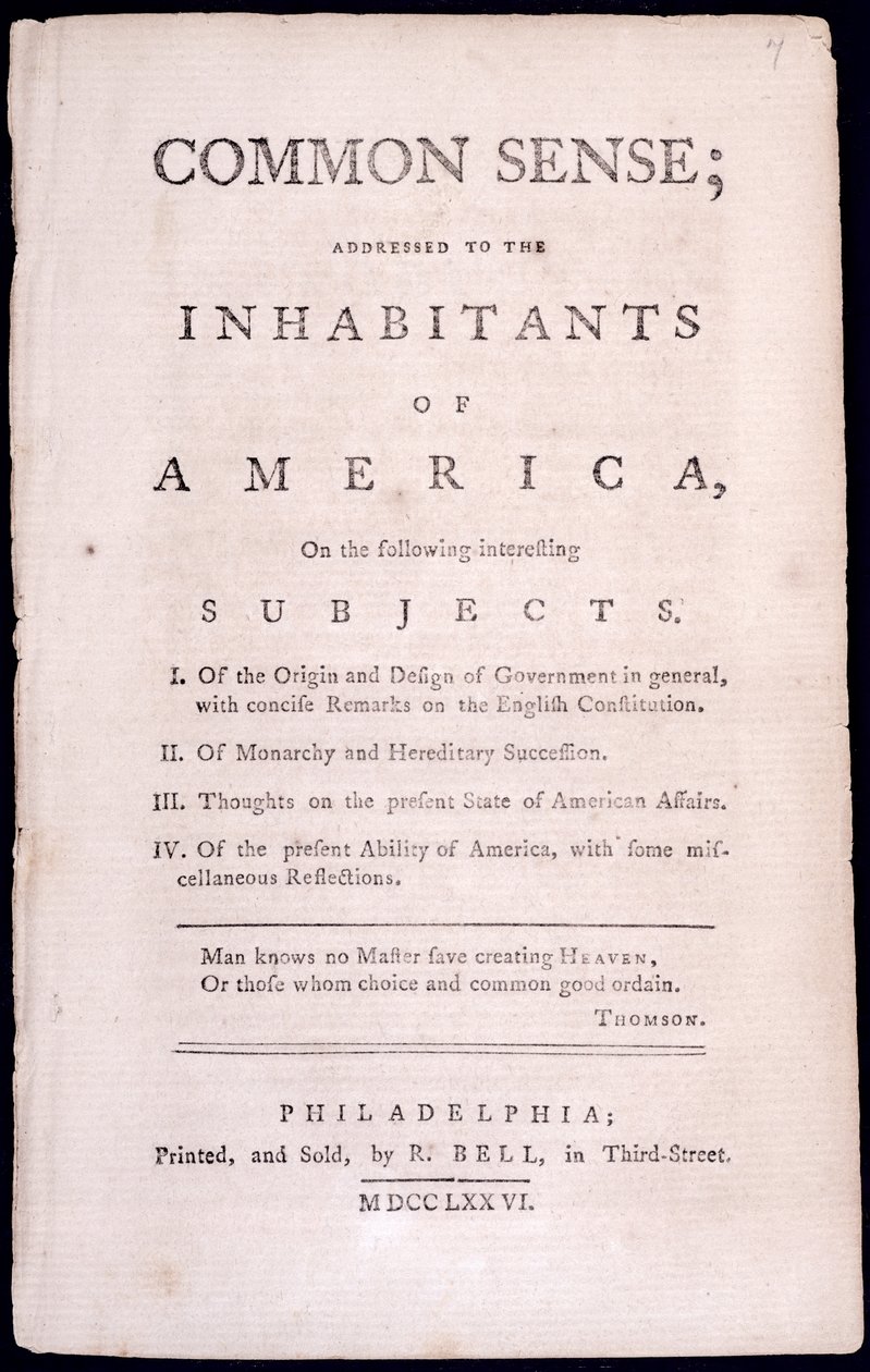 صفحة العنوان للحس المشترك بقلم توماس باين (1737-1809) 1776 (طباعة) بواسطة المدرسة الأمريكية