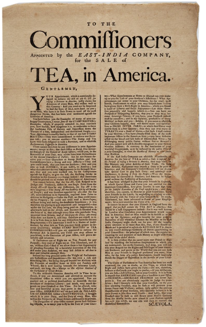 إلى المفوضين المعينين من قبل شركة الهند الشرقية لبيع الشاي في أمريكا ، وقعت Scaevola ، 1773 بواسطة المدرسة الأمريكية