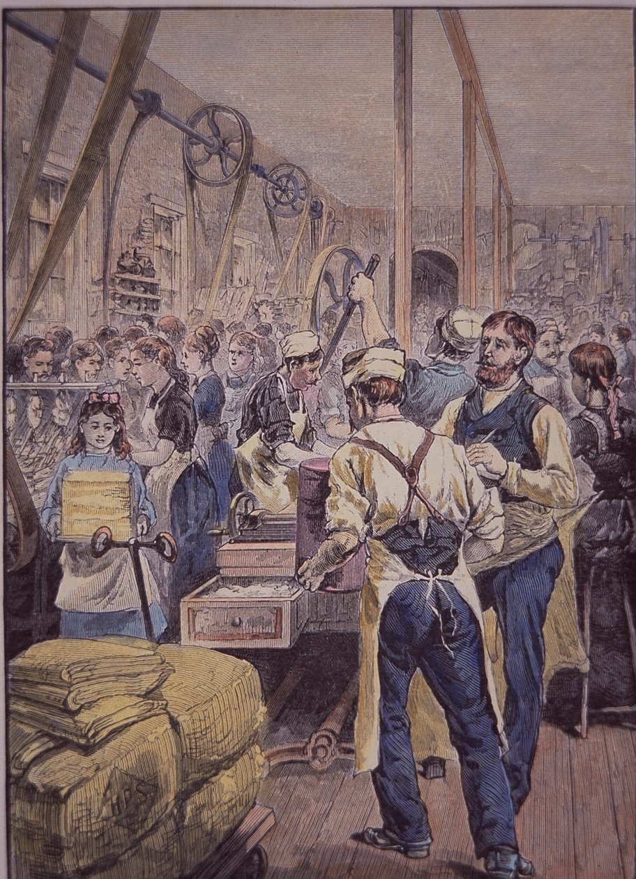 صناعة النسيج الأمريكية ، مصنع النسيج في الشمال ، حوالي 1870 (نقش ملون) بواسطة المدرسة الأمريكية
