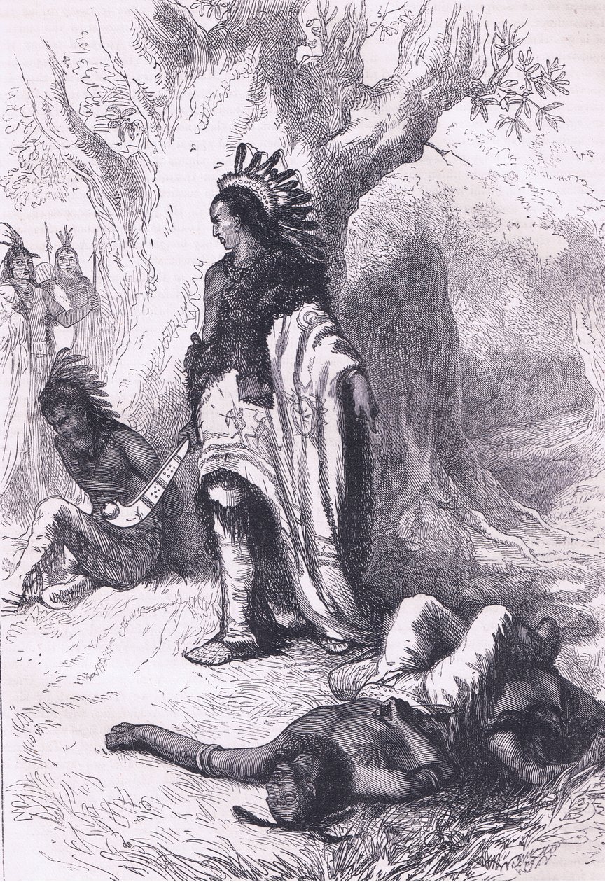 Uncas and Miantonomoh (1643) ، رسم توضيحي من حانة Cassell's History of the United States. بواسطة Petter & Galpin c.1890 (litho) بواسطة المدرسة الأمريكية
