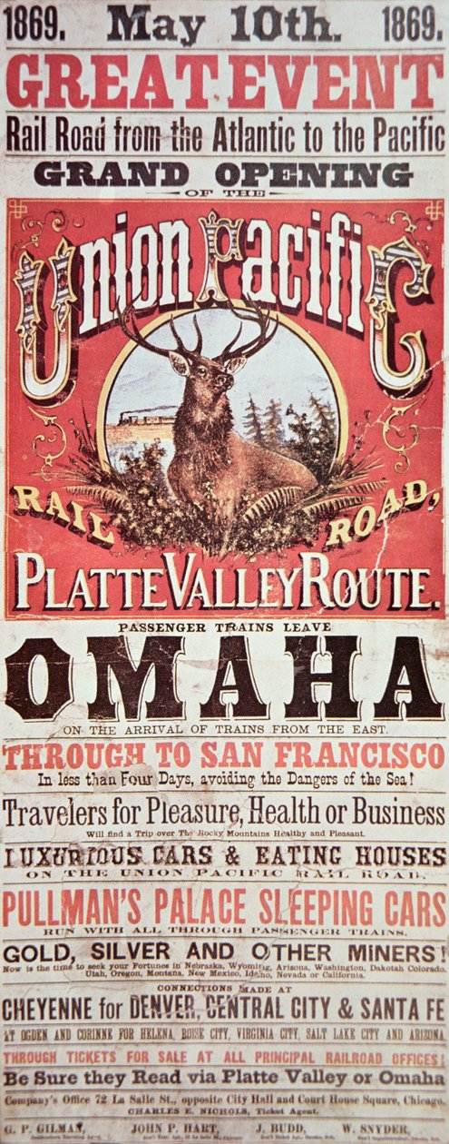 Union Pacific Railroad poster advertising the first transcontinental railroad across the USA بواسطة المدرسة الأمريكية