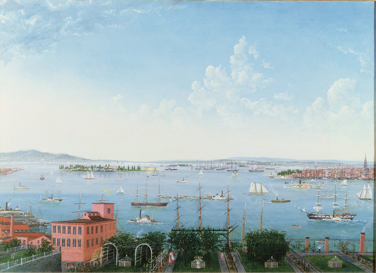 منظر لميناء نيويورك من مرتفعات بروكلين ، c.1860 (زيت على الكتان) بواسطة المدرسة الأمريكية