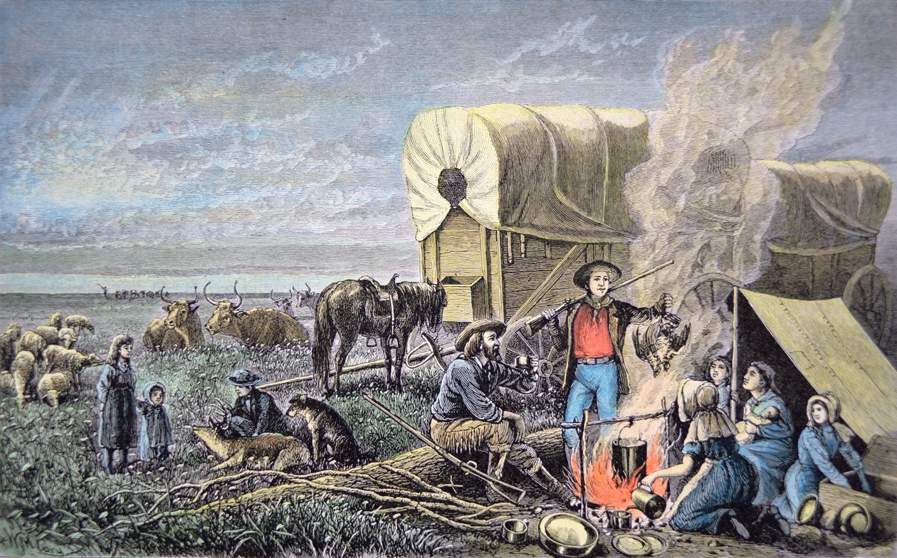 Wagon emigrants to the west (coloured engraving) بواسطة المدرسة الأمريكية