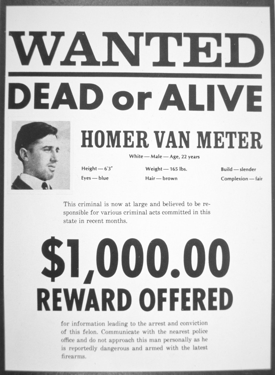 Wanted poster for Homer van Meter (newsprint) بواسطة المدرسة الأمريكية