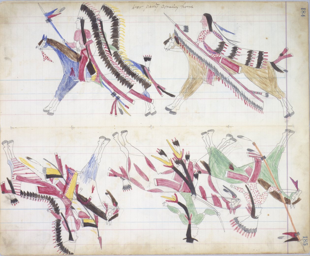 حزب الحرب يعود إلى المنزل ، التوضيح من Black Horse Ledger ، 1877-79 (قلم رصاص وتلوين على ورق) بواسطة المدرسة الأمريكية