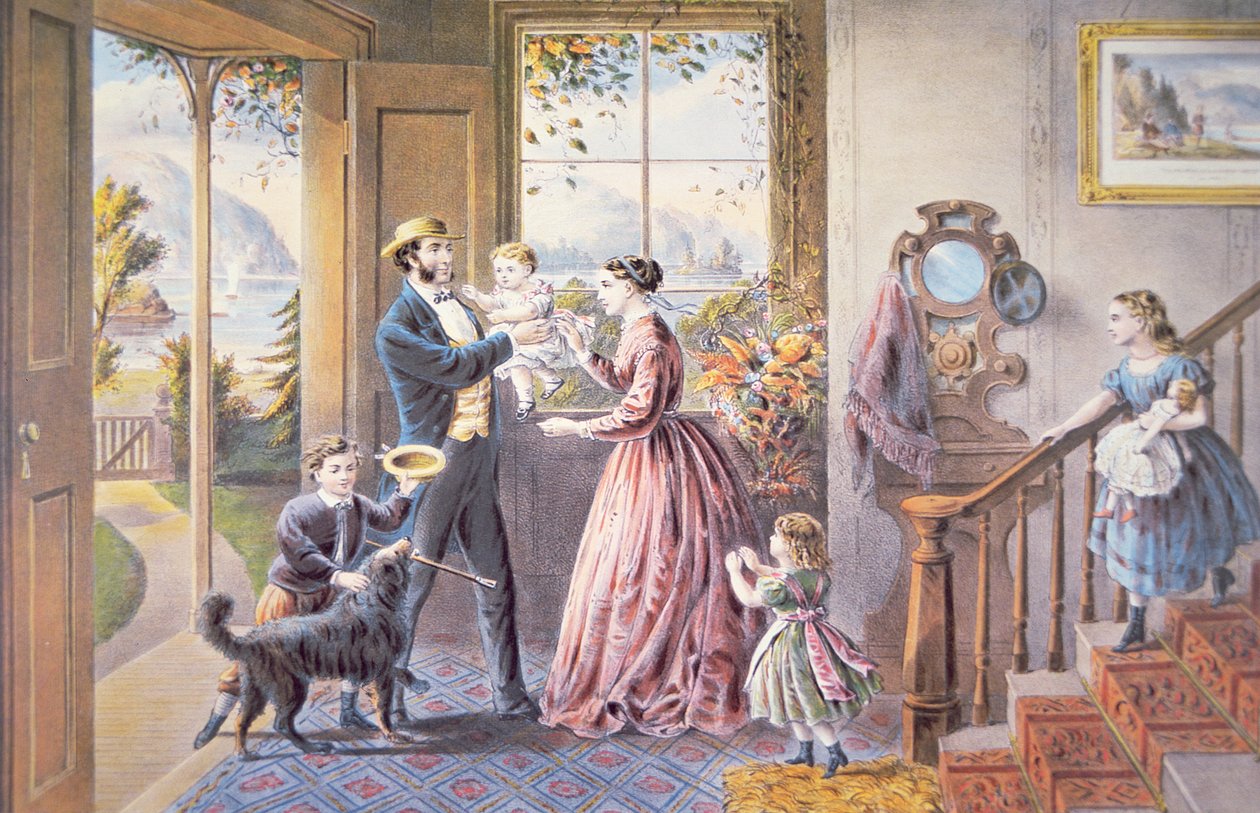 "مرحبًا بك في المنزل ، أيها الأب" ، الذي نشرته شركة Currier & Ives بواسطة المدرسة الأمريكية