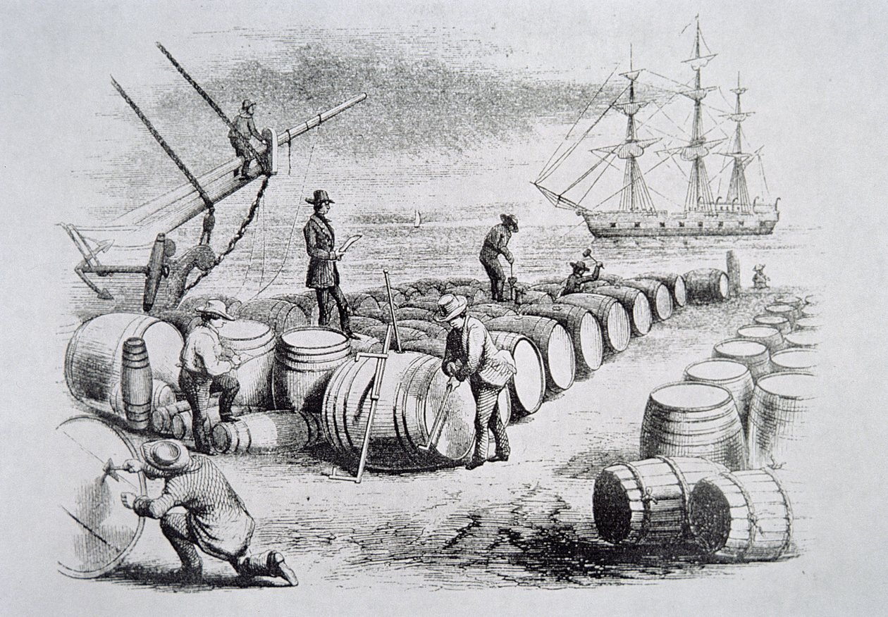 Whalers gauging oil in barrels, from The American Whale Fishery, c.1850 (engraving) بواسطة المدرسة الأمريكية