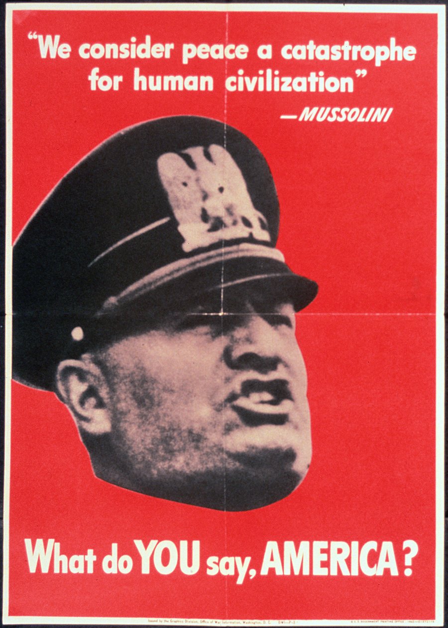"What do YOU say AMERICA?", US 2nd World War Poster with face of Mussolini, Anon, c.1942 بواسطة المدرسة الأمريكية